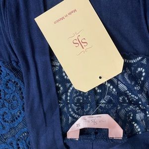 Navy blue cover up with lace on neck/shoulders